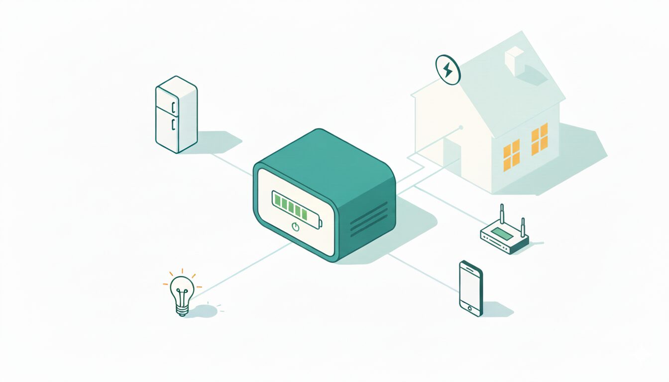 停電時の在宅避難で使うポータブル電源と、冷蔵庫・Wi-Fi・照明・スマホの電力量イメージ