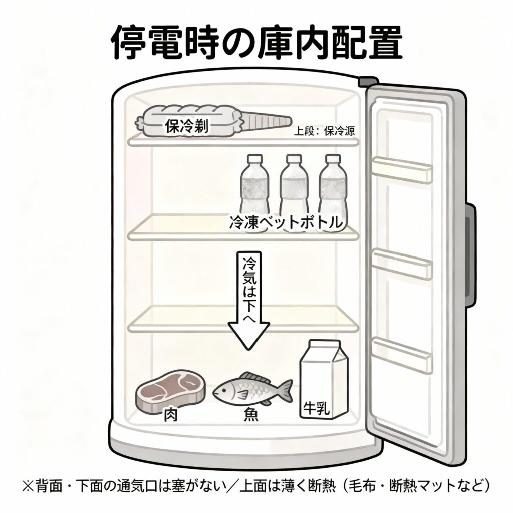 停電時の冷蔵庫の配置例:上段に保冷源、下段に高リスク食材、通気口は塞がない