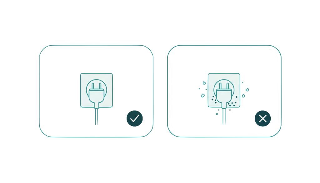 コンセントとプラグのアイコンで、根元の焦げやホコリがないかを確認するトラッキング点検を促す図。使用前の簡単な目視チェックを示す。
